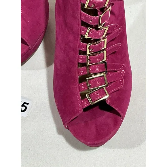 Woman’s Shoe Dazzle Jovanna Pink Suede Size 8 Gold Stiletto Heel Platform