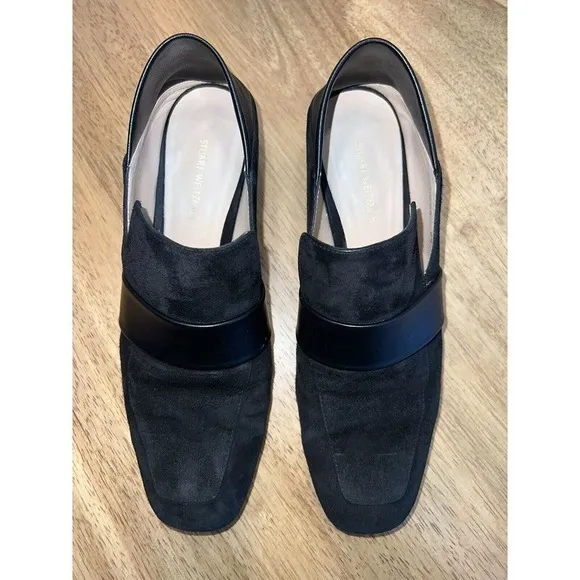 Woman's Stuart Weitzman Wylie Black Loafer Mule Sz‎ 8.5 Suede Leather Shoes