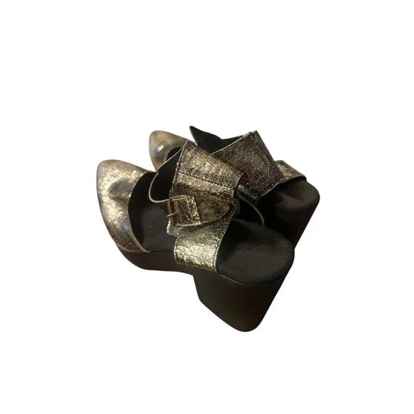 Women 41 Free People Metallic Gold Percy Clog Ankle Buckle Wrap Heels Shoes