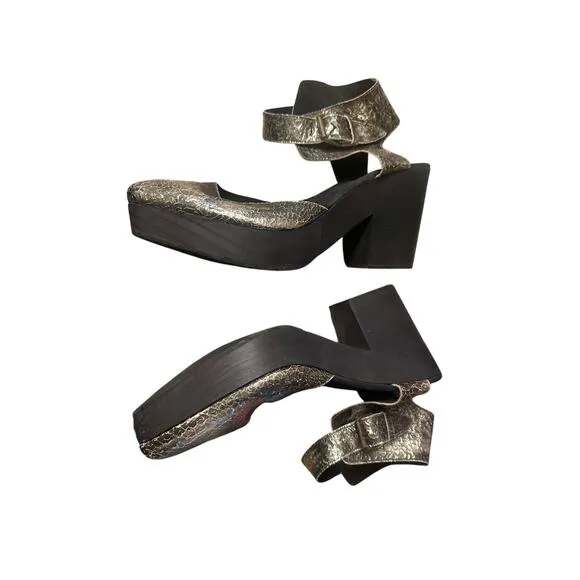 Women 41 Free People Metallic Gold Percy Clog Ankle Buckle Wrap Heels Shoes