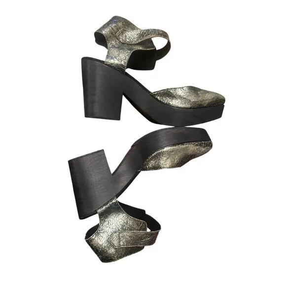 Women 41 Free People Metallic Gold Percy Clog Ankle Buckle Wrap Heels Shoes