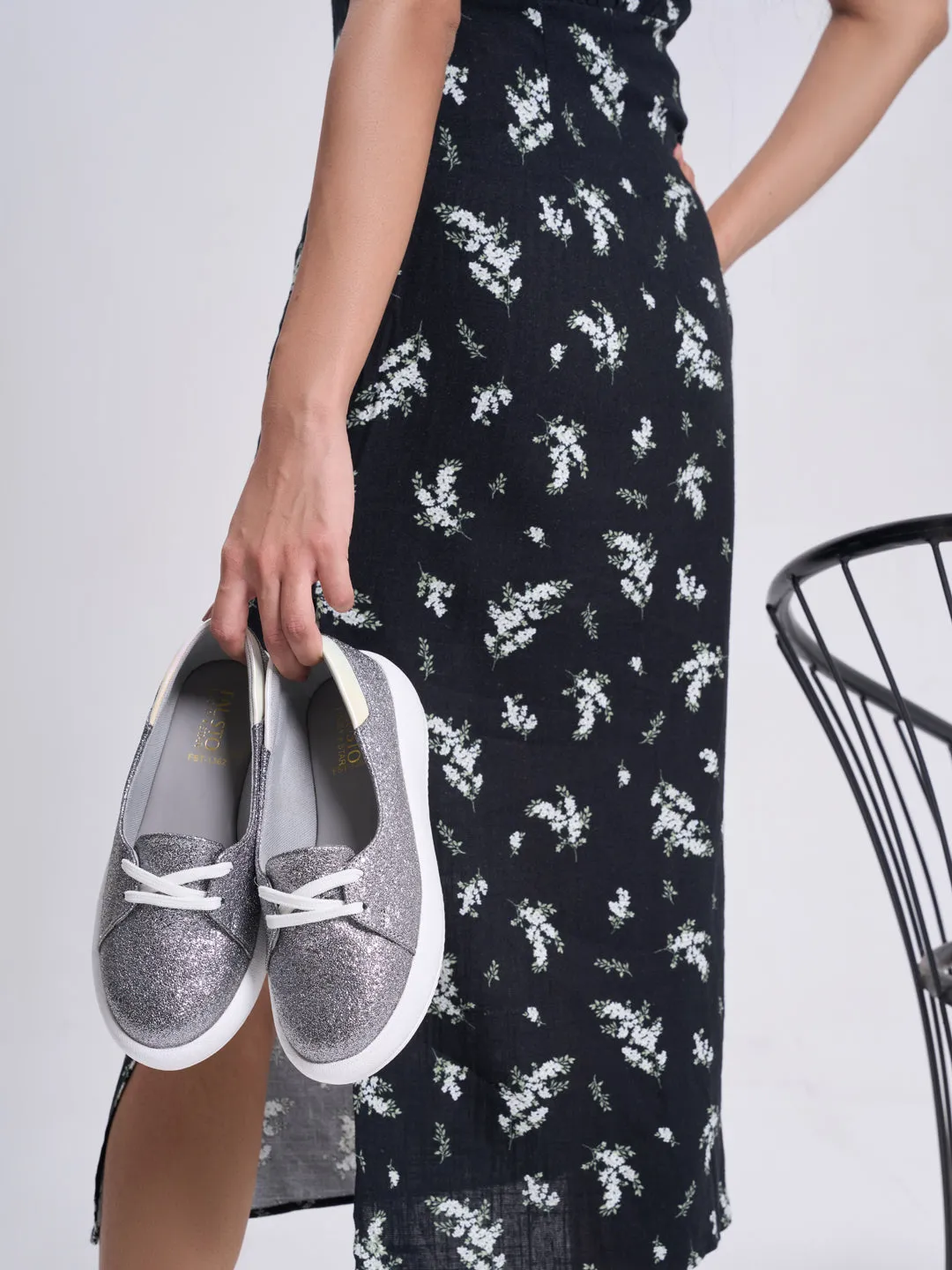 Women Silver Embellished Lace Height Enhancer Slip On Sneaker|Casual Shoe|Evening Party Shoe|Anti Skid Sole