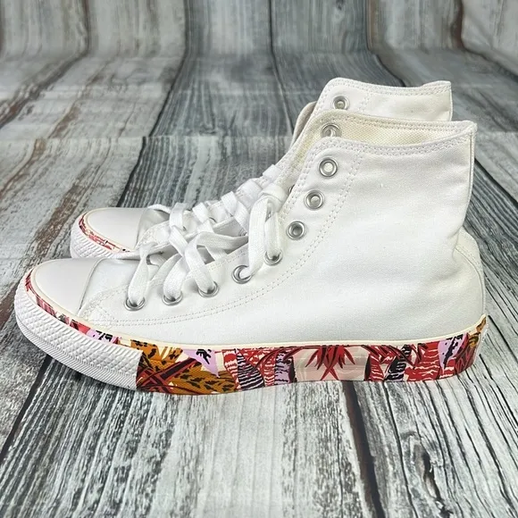 Women’s Converse CTAS Hi : Classic White with a Tropical Bottom Prints Size 8.