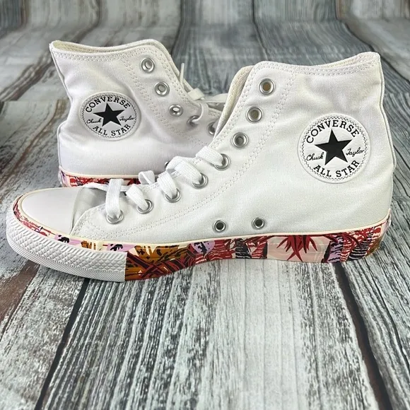 Women’s Converse CTAS Hi : Classic White with a Tropical Bottom Prints Size 8.