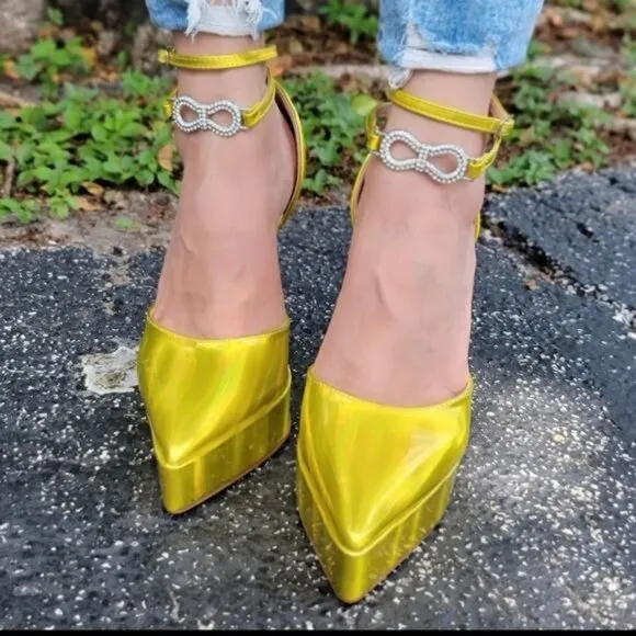 Womens Double Sole Pointy Platform Heels Yellow Hologram Color