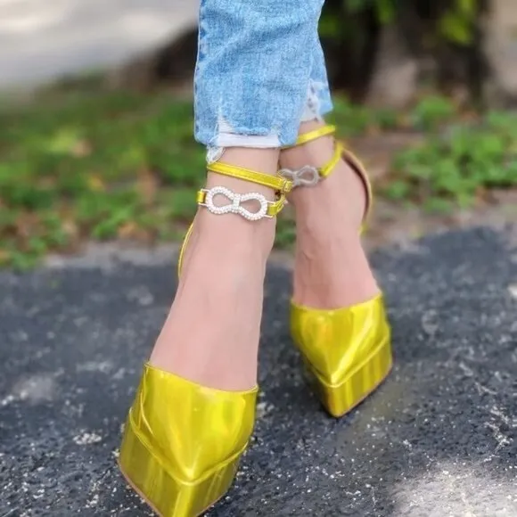 Womens Double Sole Pointy Platform Heels Yellow Hologram Color