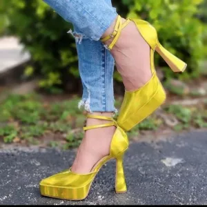Womens Double Sole Pointy Platform Heels Yellow Hologram Color