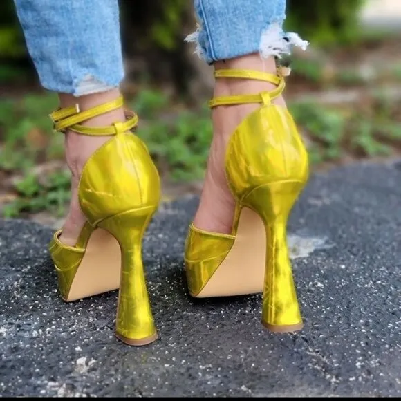 Womens Double Sole Pointy Platform Heels Yellow Hologram Color