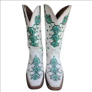 Women's Ferrini Western Boots Size 9.5 White with Teal Embroidery Embellished