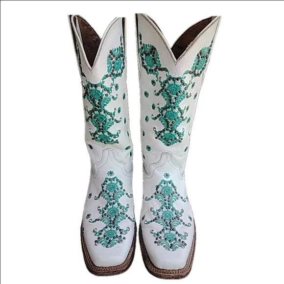 Women's Ferrini Western Boots Size 9.5 White with Teal Embroidery Embellished