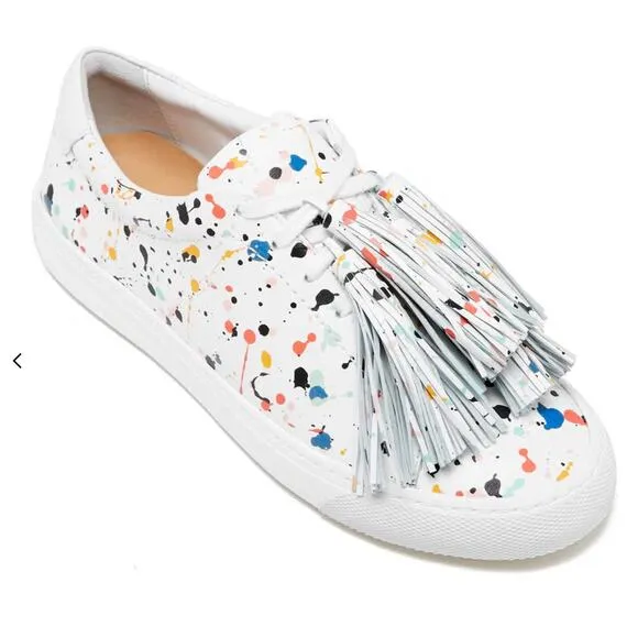 Women’s Loeffler Randall Logan Splatter Sneakers White Tassel Size 8.5