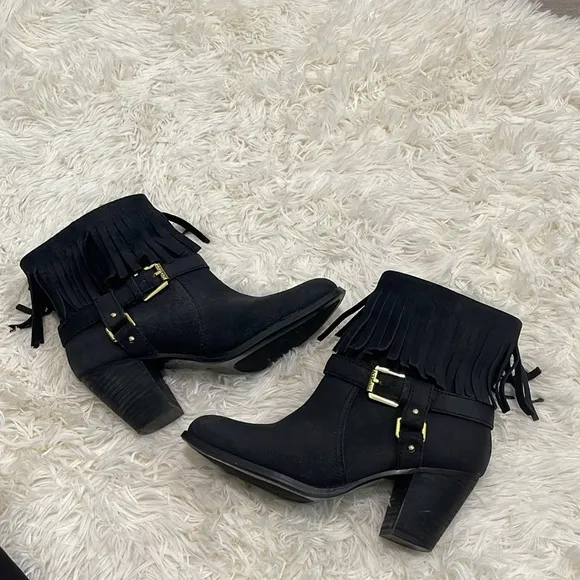 Women’s Ralph Lauren Black Suede Fringe Mara Western Cowboy Cowgirl Boots, 6