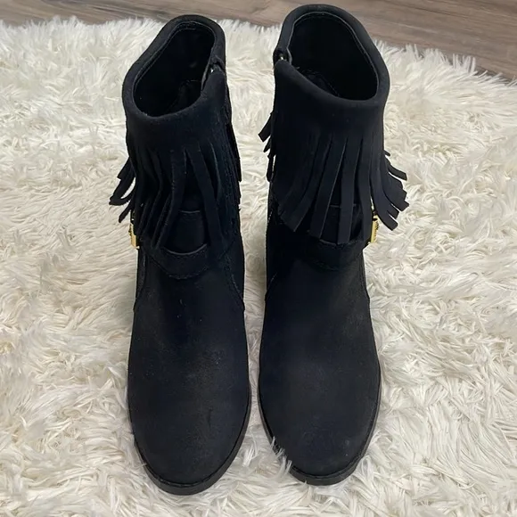 Women’s Ralph Lauren Black Suede Fringe Mara Western Cowboy Cowgirl Boots, 6