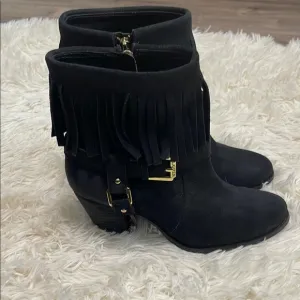 Women’s Ralph Lauren Black Suede Fringe Mara Western Cowboy Cowgirl Boots, 6