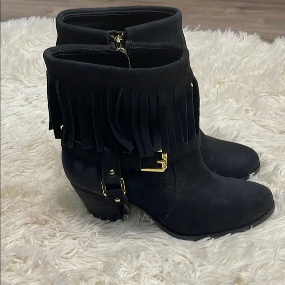 Women’s Ralph Lauren Black Suede Fringe Mara Western Cowboy Cowgirl Boots, 6