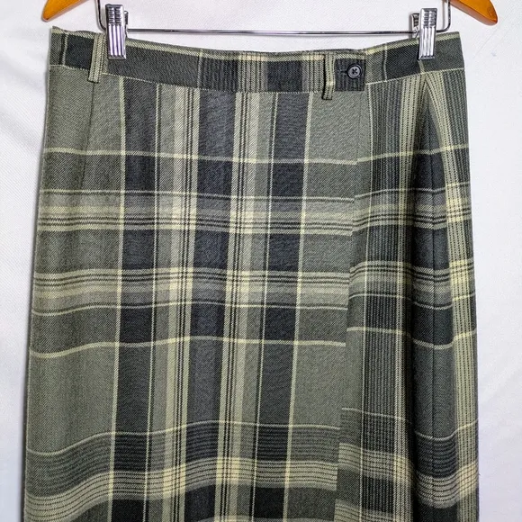 Women's Ralph Lauren Classic Wool Plaid Wrap A-line Skirt, Green &amp; Tan, Sz 14