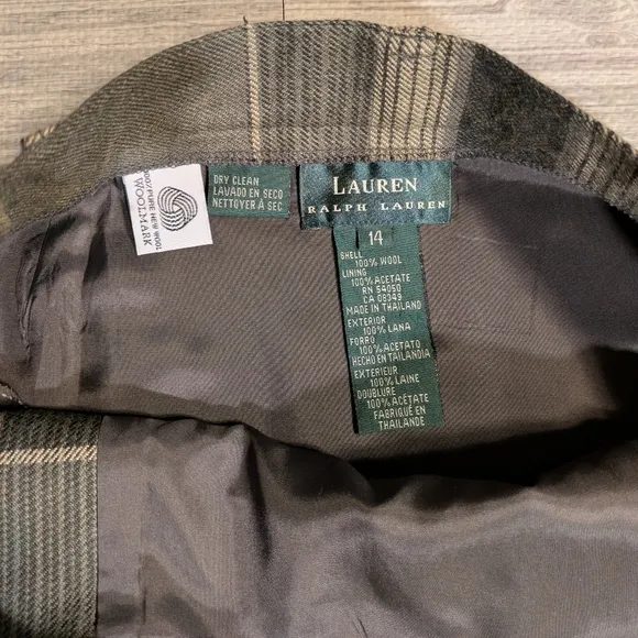 Women's Ralph Lauren Classic Wool Plaid Wrap A-line Skirt, Green &amp; Tan, Sz 14