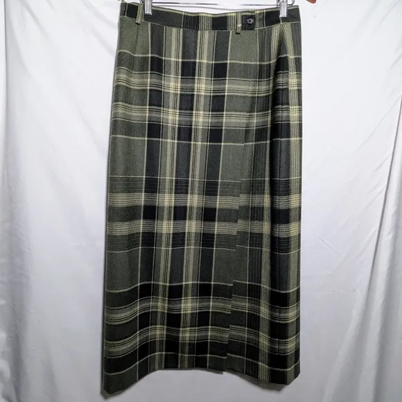 Women's Ralph Lauren Classic Wool Plaid Wrap A-line Skirt, Green &amp; Tan, Sz 14