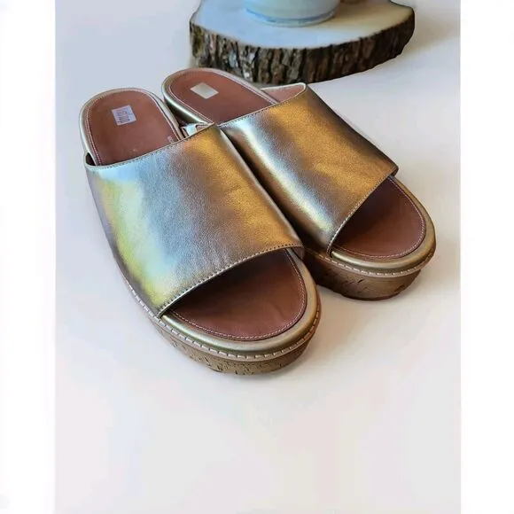 Women's Shoes FitFlop ELOISE Platform Leather Wedge Slides FT5-675 PLATINO 11