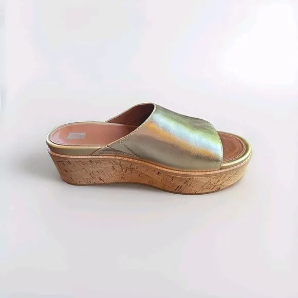 Women's Shoes FitFlop ELOISE Platform Leather Wedge Slides FT5-675 PLATINO 11