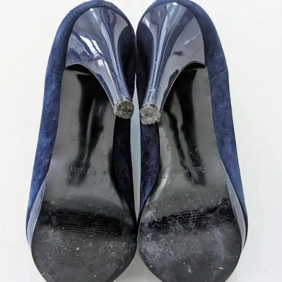 Women's Nine West Booties Open To Ankle Boots Slips Deep V Cut Dark Blue 7 4&quot;
