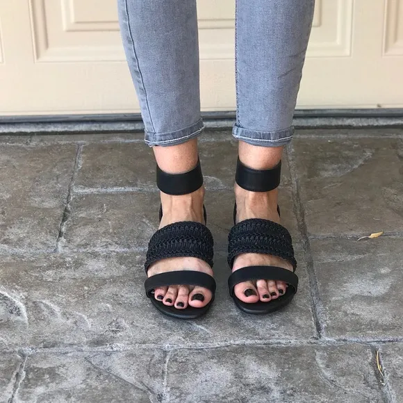 Woven Boho Black Open Toe Ankle Strap Sandals
