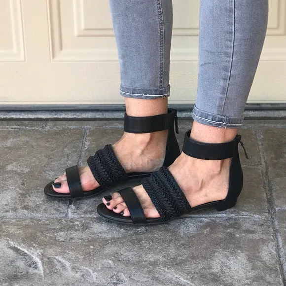 Woven Boho Black Open Toe Ankle Strap Sandals