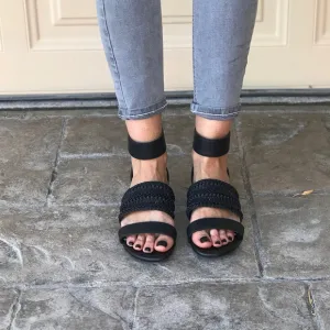 Woven Boho Black Open Toe Ankle Strap Sandals