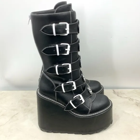 YRU Dune Skeleton Boots Women Size 8 Black Platform Tall Shoes Buckle