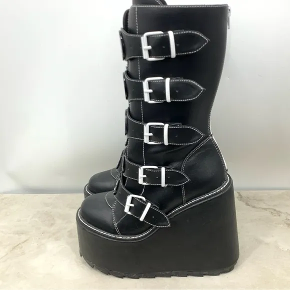 YRU Dune Skeleton Boots Women Size 8 Black Platform Tall Shoes Buckle