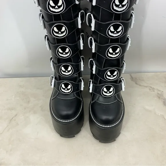 YRU Dune Skeleton Boots Women Size 8 Black Platform Tall Shoes Buckle