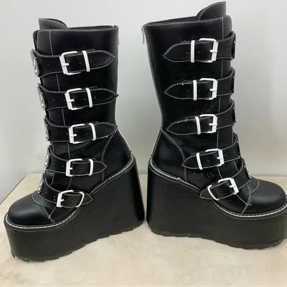 YRU Dune Skeleton Boots Women Size 8 Black Platform Tall Shoes Buckle