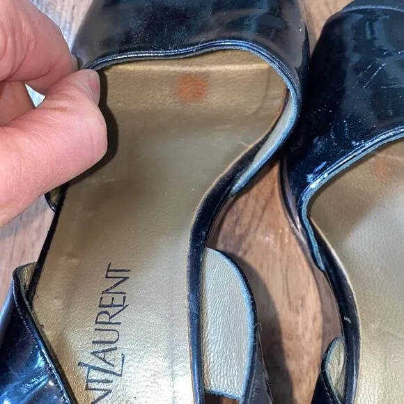 Yves St. Laurent Black Patent Leather Square Peep Toe Vintage Platforms Sz 9