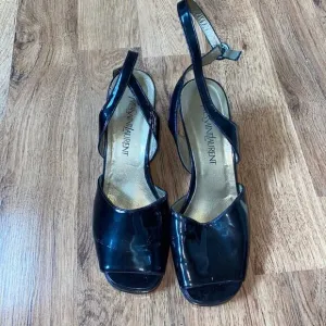 Yves St. Laurent Black Patent Leather Square Peep Toe Vintage Platforms Sz 9