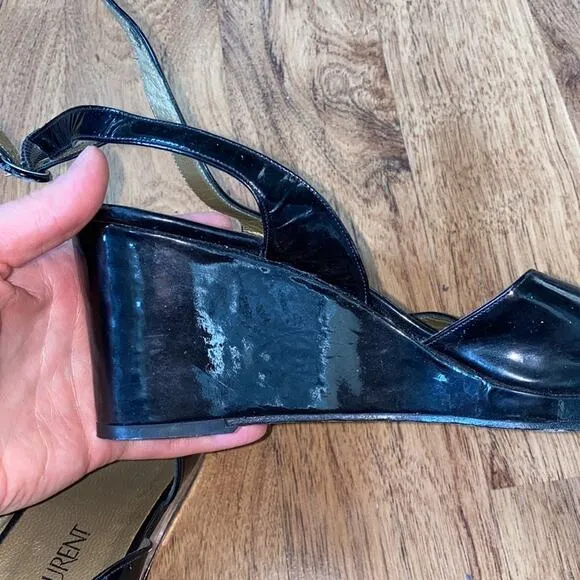 Yves St. Laurent Black Patent Leather Square Peep Toe Vintage Platforms Sz 9