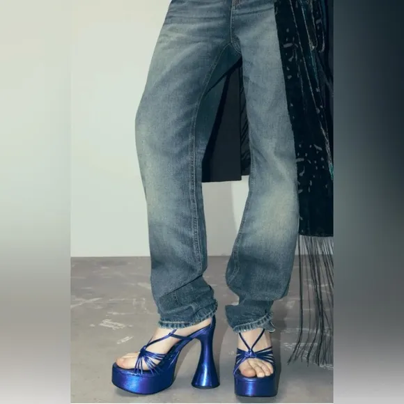 Zara metallic cobalt blue strappy platform 70s 80s retro disco high heels Sz 39