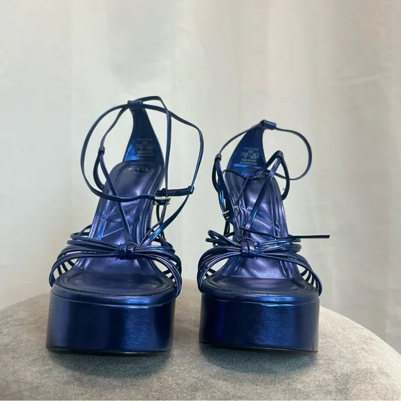Zara metallic cobalt blue strappy platform 70s 80s retro disco high heels Sz 39