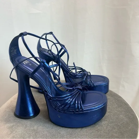 Zara metallic cobalt blue strappy platform 70s 80s retro disco high heels Sz 39
