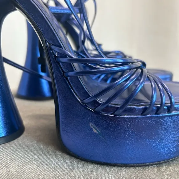 Zara metallic cobalt blue strappy platform 70s 80s retro disco high heels Sz 39