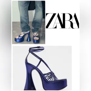 Zara metallic cobalt blue strappy platform 70s 80s retro disco high heels Sz 39