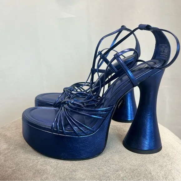 Zara metallic cobalt blue strappy platform 70s 80s retro disco high heels Sz 39