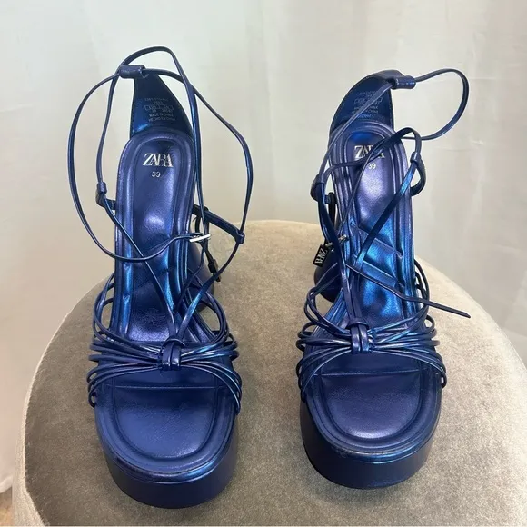 Zara metallic cobalt blue strappy platform 70s 80s retro disco high heels Sz 39