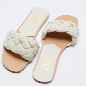 ZARA Pearl Beaded Knot Woven Slides Sandals