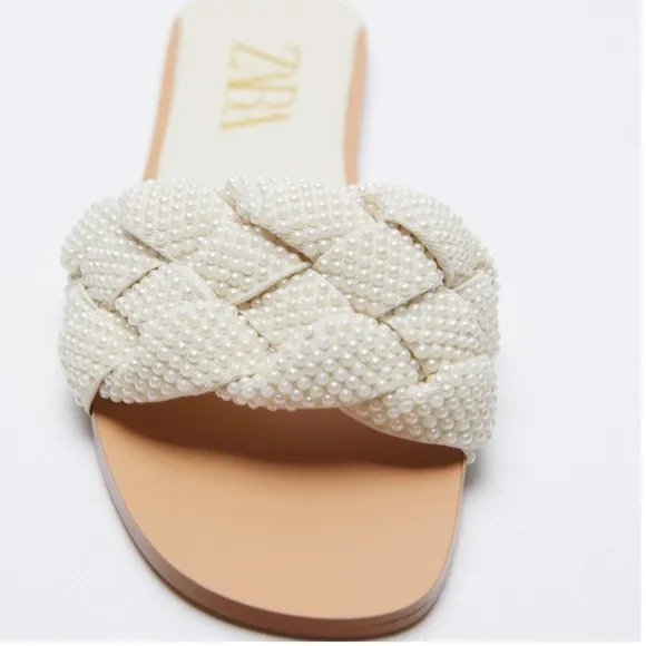ZARA Pearl Beaded Knot Woven Slides Sandals