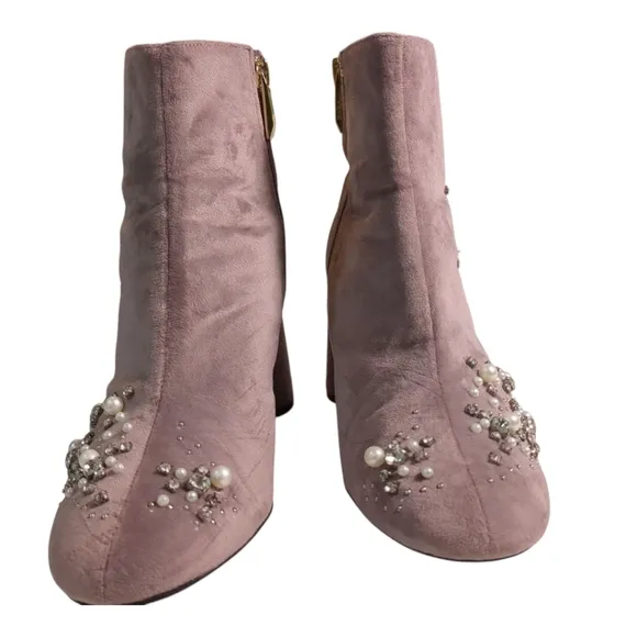 ZARA Pink Suede Jewel and Pearl Encrusted Boots Booties SZ 38 / US 7