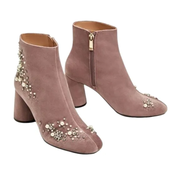 ZARA Pink Suede Jewel and Pearl Encrusted Boots Booties SZ 38 / US 7