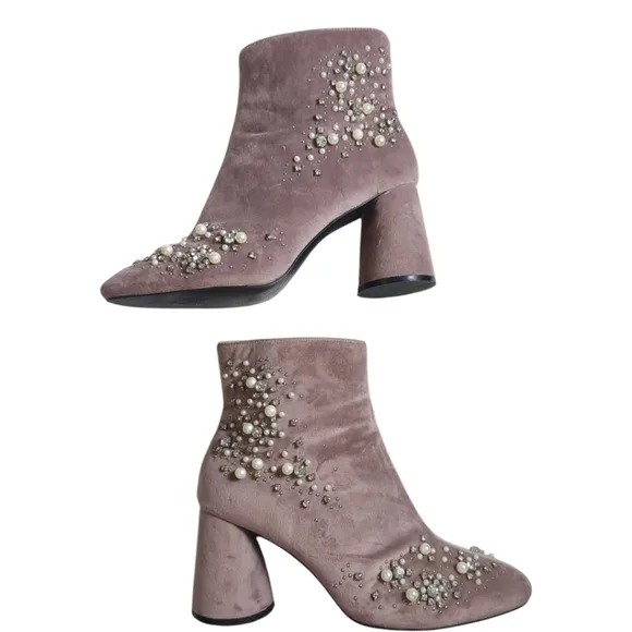 ZARA Pink Suede Jewel and Pearl Encrusted Boots Booties SZ 38 / US 7