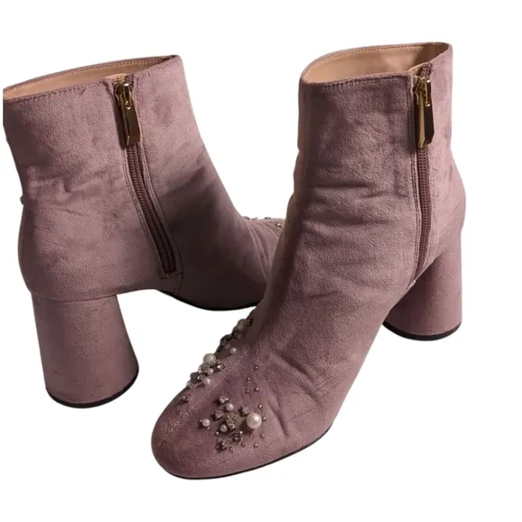 ZARA Pink Suede Jewel and Pearl Encrusted Boots Booties SZ 38 / US 7