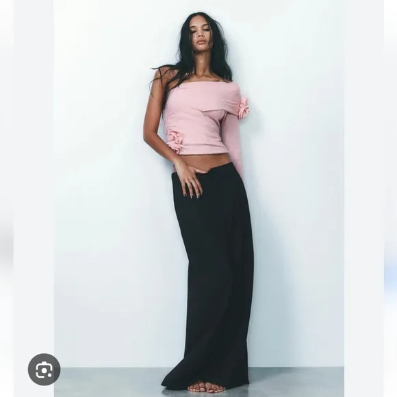 Zara raised floral knit top pastel pink