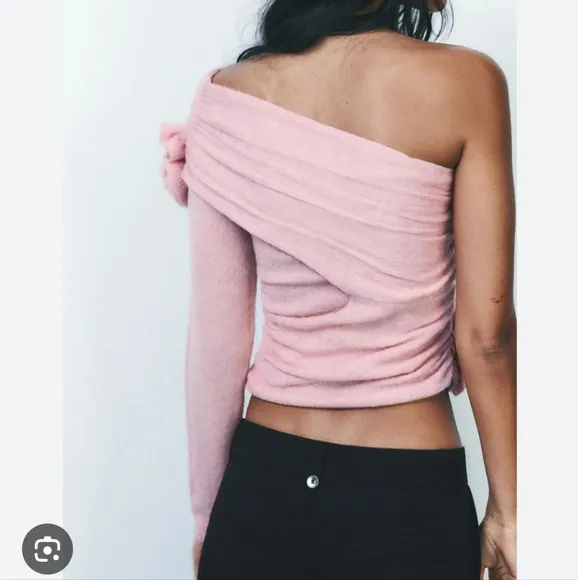 Zara raised floral knit top pastel pink